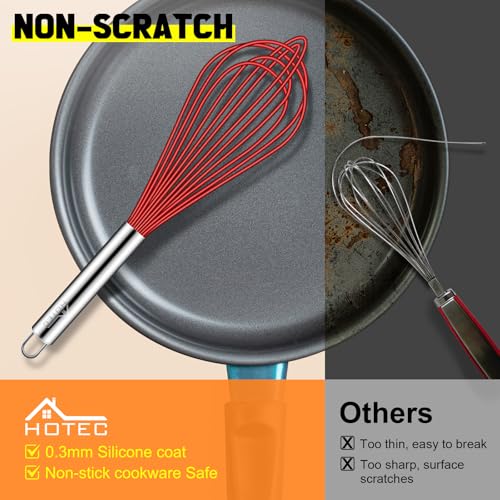 Image of HOTEC 4 Pieces Silicone Whisks Set, Wire Balloon Whisks for cooking Egg Beater, Non-slip Handle Whisk for Non-stick Cookware Perfect for Cooking, Stirring, Beating and Blending,Red