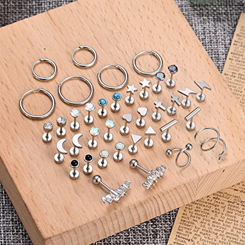 Plomfov 20G Stainless Steel Stud Earrings For Women Men Cz Heart Star Moon Flat Back Earrings Cartilage Hoops Helix Tragus Daith Earrings Piercing Jewelry Silver #TOP6