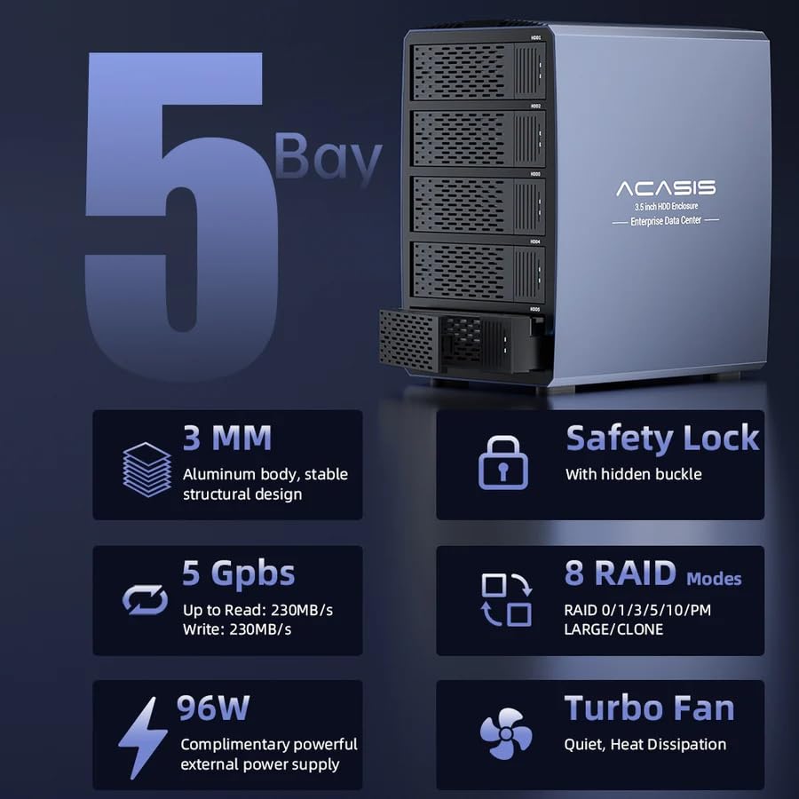 Image of ACASIS 5-Bay External Array 2.5″ /3.5″ USB to SATA HDD Case with 8-Mode RAID & 96W Power Adapter for 2.5″ /3.5″ SATA HDD /SSD, Support 5x24TB Upto 120TB
