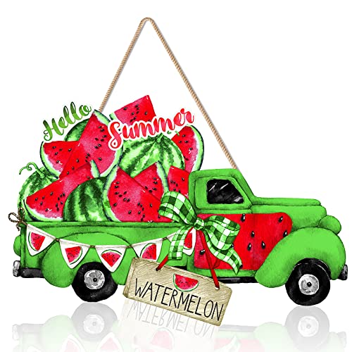 clothmile Hello Summer Door Sign Watermelon Truck Wooden Sign Summer Door Decor Welcome Sign for Front Door Green Truck Wooden Hanging Decorations for Indoor Outdoor Farmhouse Porch Decor,12 X 8 Inch