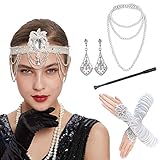 Flapper-Zubehör-Set für Damen: 1 x Kopfbedeckung, 1 x Flapperohrringe, 1 x 149,9 cm lange Halskette, 1 x Zigarettenhalter, 1 x 53,3 cm Satin-Handschuhe.