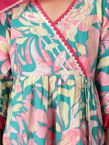 Image of superminis Girls Cotton Floral Printed Kurti Palazzo Style Salwar Set With Net Dupatta Kids Ethnic Wear Set