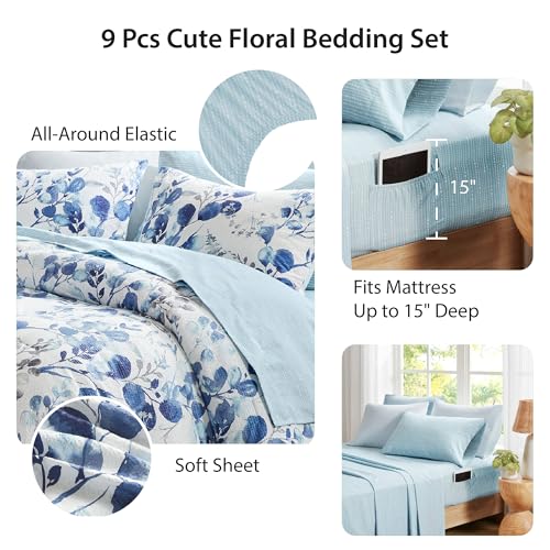 Regency Heights Lightweight Seersucker Botanical Comforter Set Queen Size, 9 Pieces Reversible Design Bed in A Bag Set, Premium Microfiber Bedding Set, Blue - image 5
