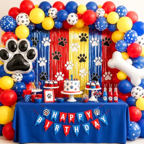 Image of 2 Pack Paw Foil Fringe Curtain, Blue Red Yellow Metallic Tinsel Backdrop for Kids Birthday Baby Shower Cartoon Dog Theme Party Decorations Supplies
