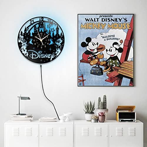 qiangge Disney Clock Mickey Mouse Wall Clock, Vinyl Record Clock, 12 Inch LED Night Light Clocks Disney Wall Art Decor 7-Colors Clock, Luminous Gifts for Mickey and Minnie Lovers