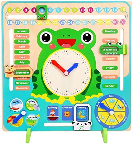 Ghims Montessori Educational Learning Toys, Kids Calendar, Toddler Calendar Learning for Home, Multifunctional Wooden Frog Teaching Clock, Weather, Season, Time, Week Toys for Kids 3+