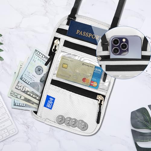 Neck Wallet Passport Holder for Men Women RFID Blocking Water Resistant Hidden Travel Pouch with Adjustable Strap Holds Phone Cards Cash (light gray)2