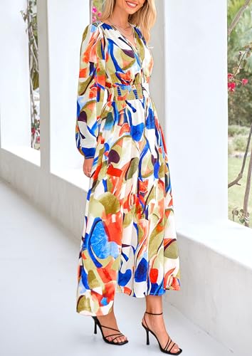 PRETTYGARDEN Women's Floral Midi Dress Casual Fall V Neck Long Sleeve Flowy Spring Beach Wedding Guest Vacation Dresses