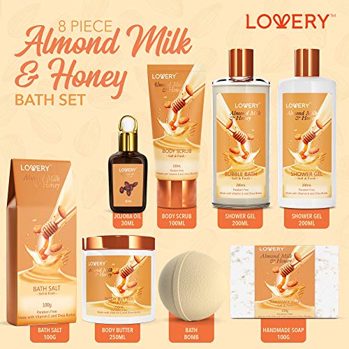 Bath Gift Set, Almond Milk & Honey Spa Kit, Shower Gel, Bath Bomb, Bubble Bath, Body Scrub, Salts, Body Butter, Jojoba Oil & Handmade Oatmeal Soap, Birthday & Holiday Gifts For Women & Men #TOP2