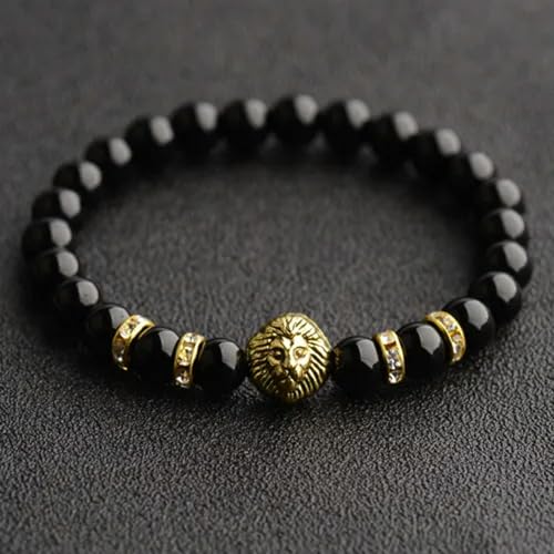 Perles Rondes en Pierres précieuses Naturelles de 8 mm, Perles Faites à la Main, Bracelets pour Hommes et Femmes, Bijoux - Tête de Lion dorée + Pierre Noire