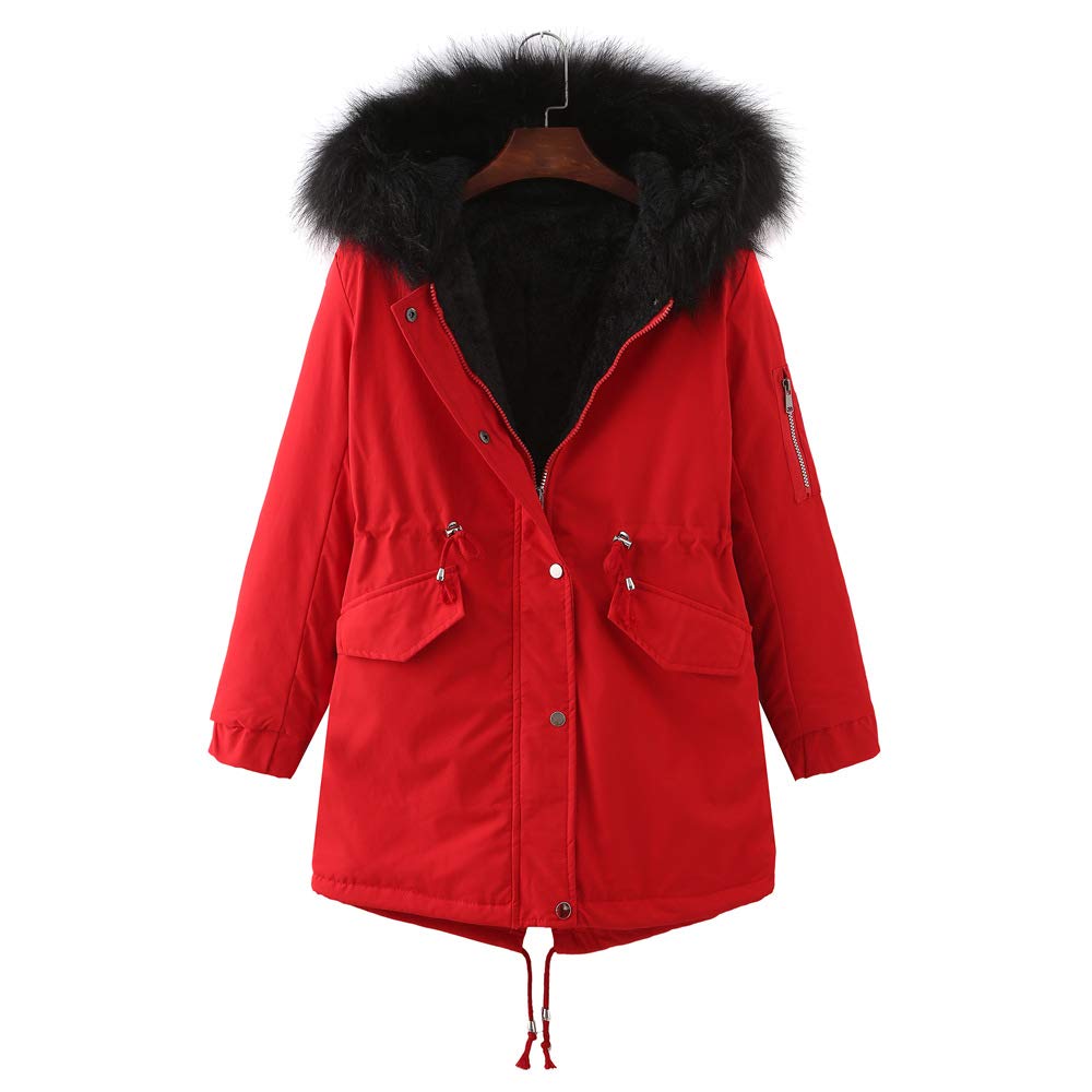 Enen Women's Red Parka Coat, Casual Plus Size Outwear Long Sleeve Windproof Fleece Hooded Coat Winter Warm Long Puffer Hoody Jackets With Pockets (,4Xl)