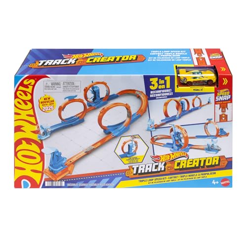 Hot Wheels Spielzeugauto-Trackset, Dreifach-Looping-Pack und Fahrzeug im Maßstab 1:64, Track-Bauteile mit 3 Loopings, Track-Schnellstecksystem und Adaptern,JDW39