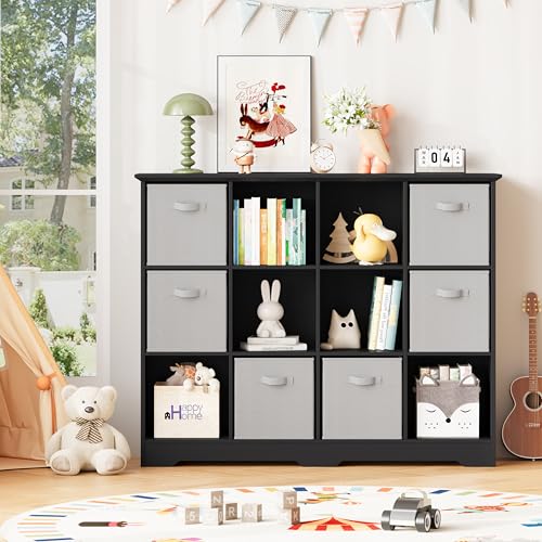 Image of 12 Cube Storage Organizer Shelf, Wood Cubby Storage with 6 Fabric Drawers, 3 Tier Wooden Bookshelf with 2 Adjustable Shelves & Fluted Side Panels for Bedroom, Living Room, Home Office, Black