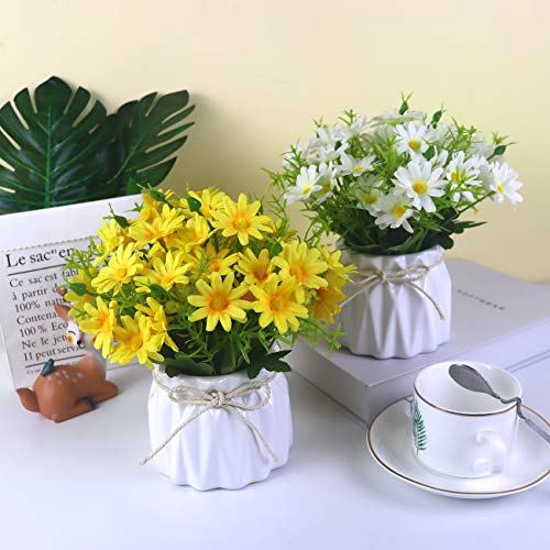 Uikkot Artificial Daisy Bouquet With Small Ceramic Vase Fake Silk Daisies Flowers Fake Plant Bonsai Decoration For Home Office Table Centerpieces Arrangement Wedding (Daisy Yellow) #TOP3