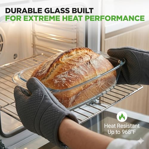 Image of NutriChef 6 Piece Glass Loaf Pans for Baking Bread - 7.6 Cups Stackable Glass Bread Loaf Pan - 3 loaf Pan with 3 Lids - Oven & Microwave Safe, Dishwasher Safe - Clear