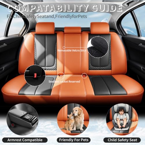 Image of Fit Outback Car Seat Covers Compatible with Subaru Outback 2010-2025 2026 - Premium Breathable Leather,Airbag Compatible,Waterproof All-Weather Seat Cushion Protector, Full Set Orange&Black