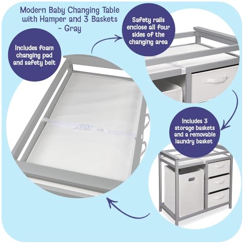 Image of Badger Basket Modern Baby Changing Table - Nursery Furniture with Laundry Hamper and 3 Storage Drawers - Diaper Changing Station with Safety Belt, Changing Pad, and Organizer Baskets - Gray and White
