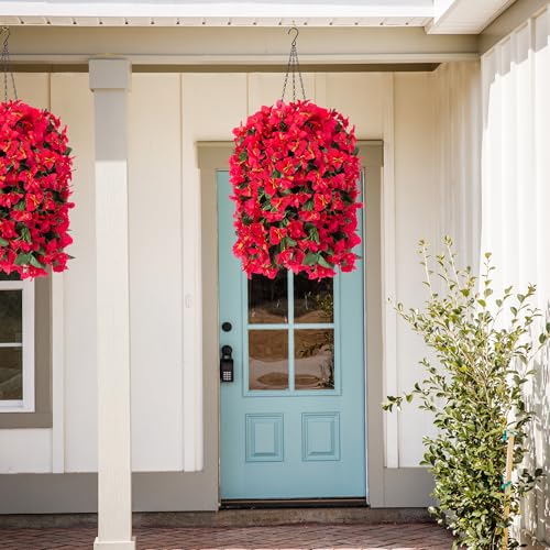 Image of INSPRING Artificial Bougainvillea Faux Flowers Plants Baskets for Outdoor Outside Decoration, 3PCS Fake Silk Flowers Long Trailing Vines UV Resistant Realistic for Front Door Porch Patio (Red)