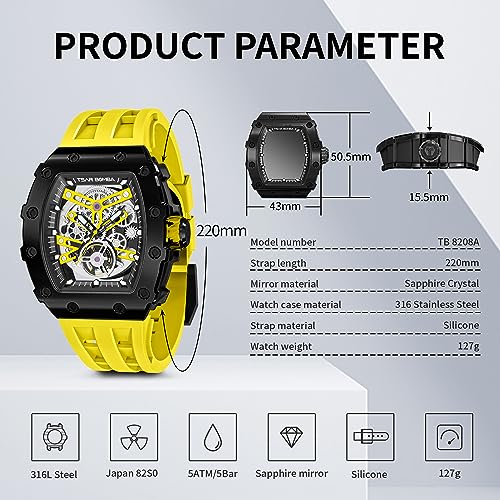 Image of TSAR BOMBA Mens Luxury Watch Automatic Watches for Men 50M Waterproof Japanese Mechanical Movement Tonneau Stainless Steel Case Sapphire Glass Big Face Cool Unique Fashion Gift Men