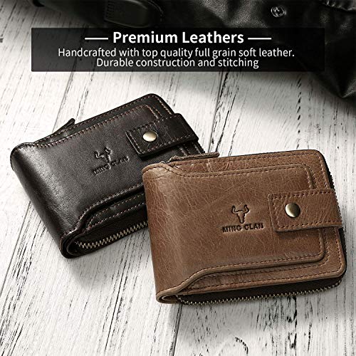 Image of MING CLAN Zipper Wallet Men RFID Blocking Leather Bifold Wallets For Men - Flap ID Window Zip Coin Pocket Mens Zipper Wallets - Big Capacity, Tobacco, M, Vintage