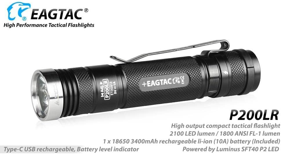 EagleTac P200LR Luminus SST40 LED Rechargeable Flashlight- 2100 Lumens w/Battery and Eco-Sensa USB-C Charging Cable