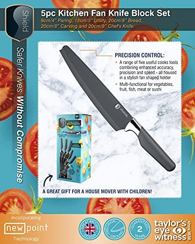 5pc Kitchen Knife Block Set - Taylors Eye Witness Shield Range of Knives Designed with Safety in Mind. Unique Rounded Protection with Small Utility Point. Razor Steel Blade. Fibre Grip Handle