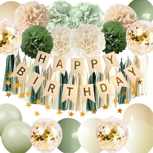 Happy Birthday Party Decorations, Banner Balloons Tassel Garland Decor Supplies for Women Girls Teens(Sage Green)