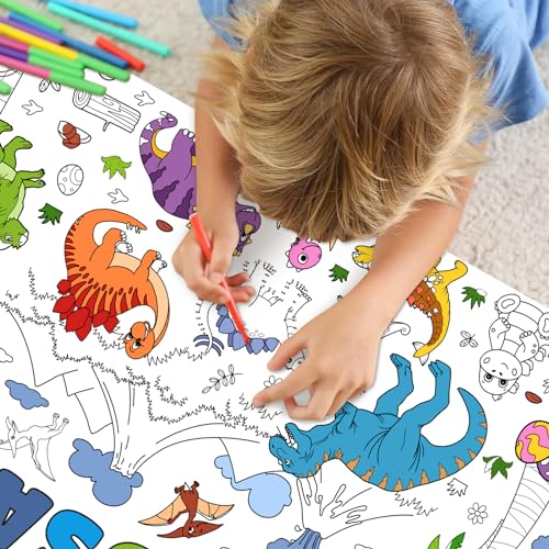 Image of Dinosaur Giant Coloring Poster For Kids 30x72 Inch, Large Coloring Poster Tablecloth Books, Themed Color-In Activities Games For Kids School Classroom Home Party Supplies Decorations