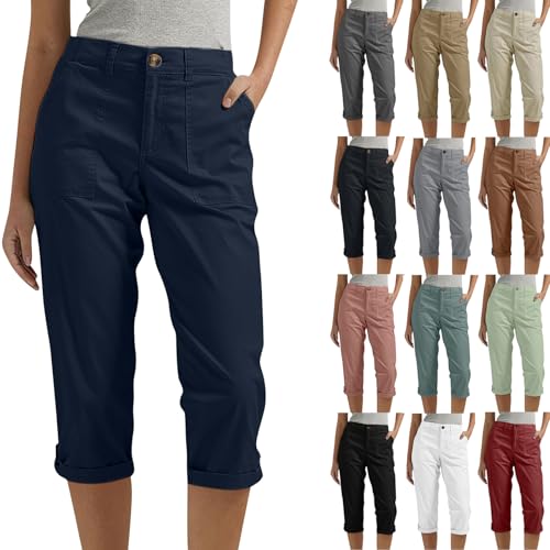 Women Capri Pants Summer Casual Hiking Pants Elastic Waist Rolled Hem Dressy Capris Pull On Cotton Capri Pant