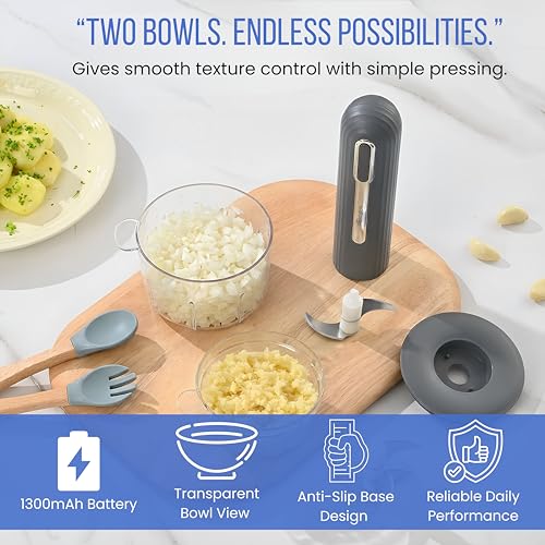 Image of Goodscity Portable Mini Electric Chopper| Dual Bowls 400ml & 200ml| Rechargeable Cutter for Kitchen, Babyfood| Vegetable Cutter for Garlic,Ginger,Onion,Nuts|1300mAh Strong Battery| 1 Year Warranty