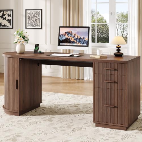 ONBRILL 70" Fluted Executive Desk with File Drawers (Walnut)