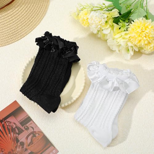 2 Pairs Womens Lace Ruffle Frilly Crew Socks Satin Ruffle Ankle Sock for Women Girls Casual Soft Comfortable Frilly Sock Lolita Princess Accessory (Black + White)4