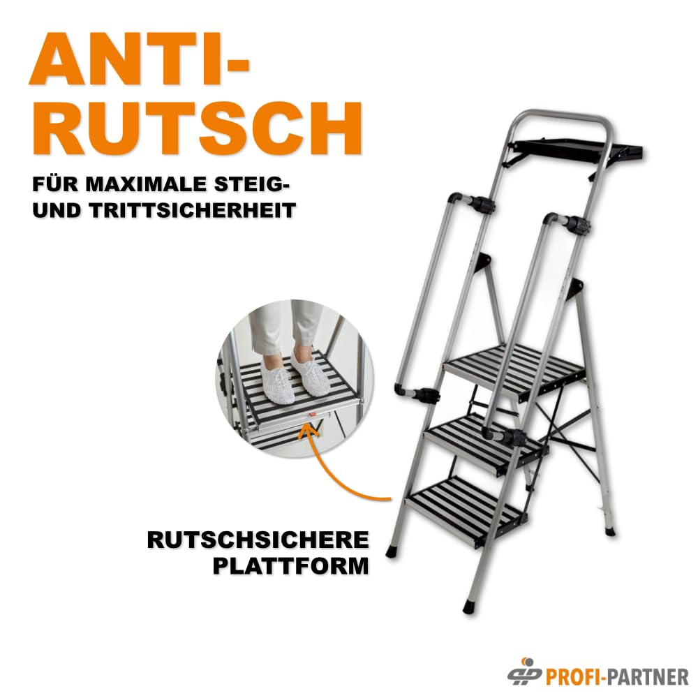 Stahl-Sicherheitsleiter, Trittleiter 3 Stufen, bis 150 kg | klappbare Handläufe, rutschsichere Plattform, TÜV-geprüft, robuste Klappleiter, Haushaltsleiter, sicherer Tritt