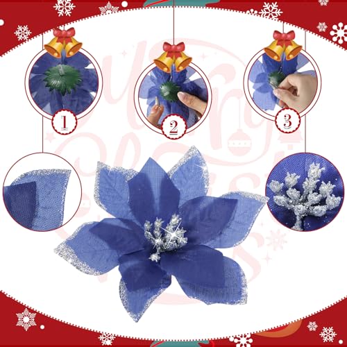 WILLBOND 24 Pieces 3 Size Christmas Glitter Poinsettia Flowers Wedding Faux Flowers Christmas Decoration Ornaments For Christmas tree New Year Home Outdoor Decoration (Navy Blue,3.2/4/6 Inches) - Image 3