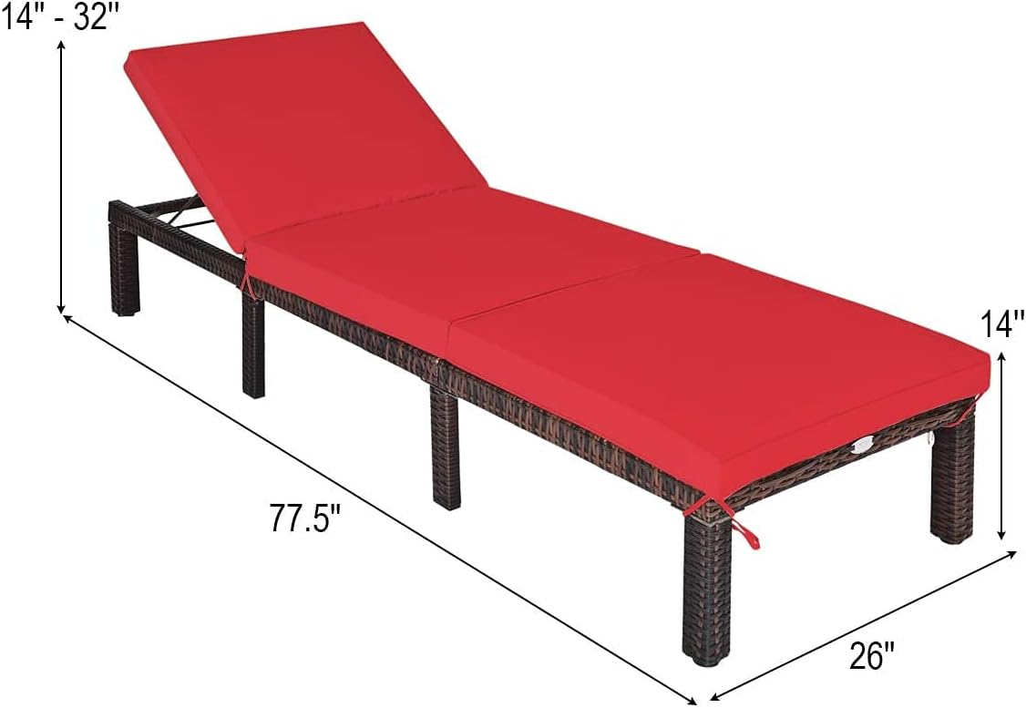 Chaise Lounge Chair, Outdoor Rattan Wicker Reclining Chair w/Adjustable Backrest & Thick Zippered Cushion, Heavy-Duty Patio Recliner, Ideal for Garden/Poolside/Backyard/Patio (Red)