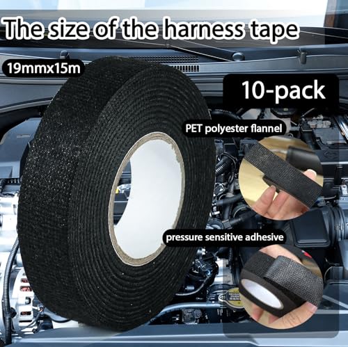 Image of Black Wiring Harness Tape,3 /4Inch x 50FT,10-Pack,High Temp Fabric Cloth Tape for Automotive,Engine /Cable Harness Tape, Noise Damping,Insulation,Wire Fixed,Bundle Wire