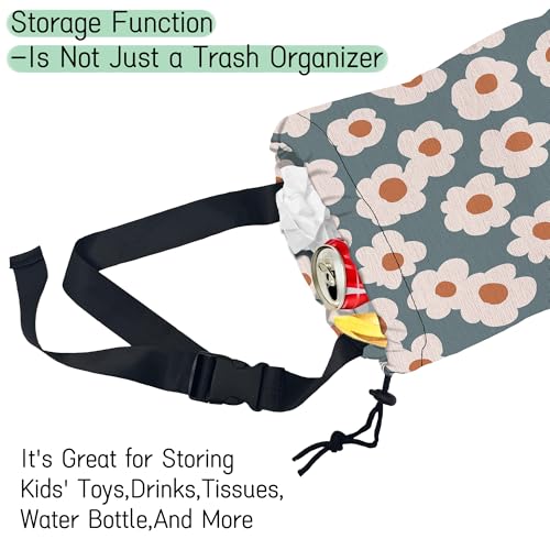 Image of Groovy Flowers Car Garbage Bag,Daisy Waterproof Small Car Trash Bag Hanging Back of Seat,Drawstring Hanging Car Trash Bag with Adjustable Buckle for Car Accessories
