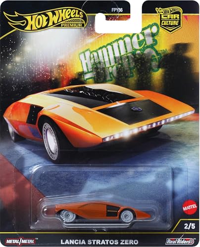 Image of Hot Wheels Premium Car Culture Collectible Toy Car, 1:64 Scale Die-Cast Lancia Stratos Zero, Hammer Drop Vehicle with Real Riders Tires, Orange