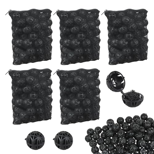 AOQIVIS 500 Pieces Black Bio Balls 1.02 Inch Internal Bioballs Filter Media for Aquarium Filter&Pond Filter with 5 Pieces Aquarium Filter Media Mesh Bags