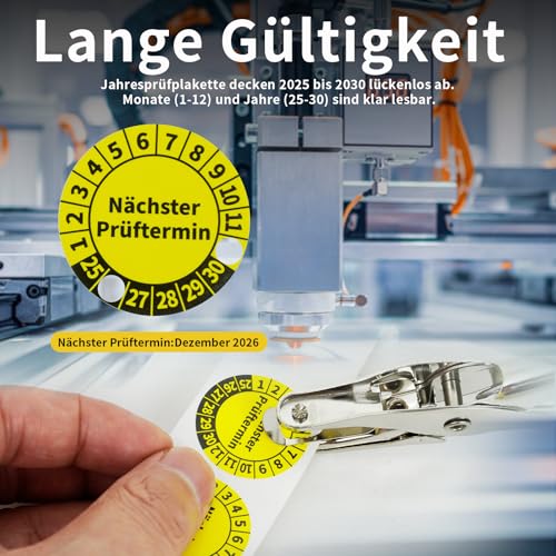Prüfplaketten Nächster Prüftermin mit Lochzange - 1000 Stück 30MM Selbstklebend Mehrjahresprüfplaketten, 2025-2030 Jahresprüfplakette, Gelb Prüfsiegel für Elektrogeräte Prüfung, Haltbarkeitsprüfung