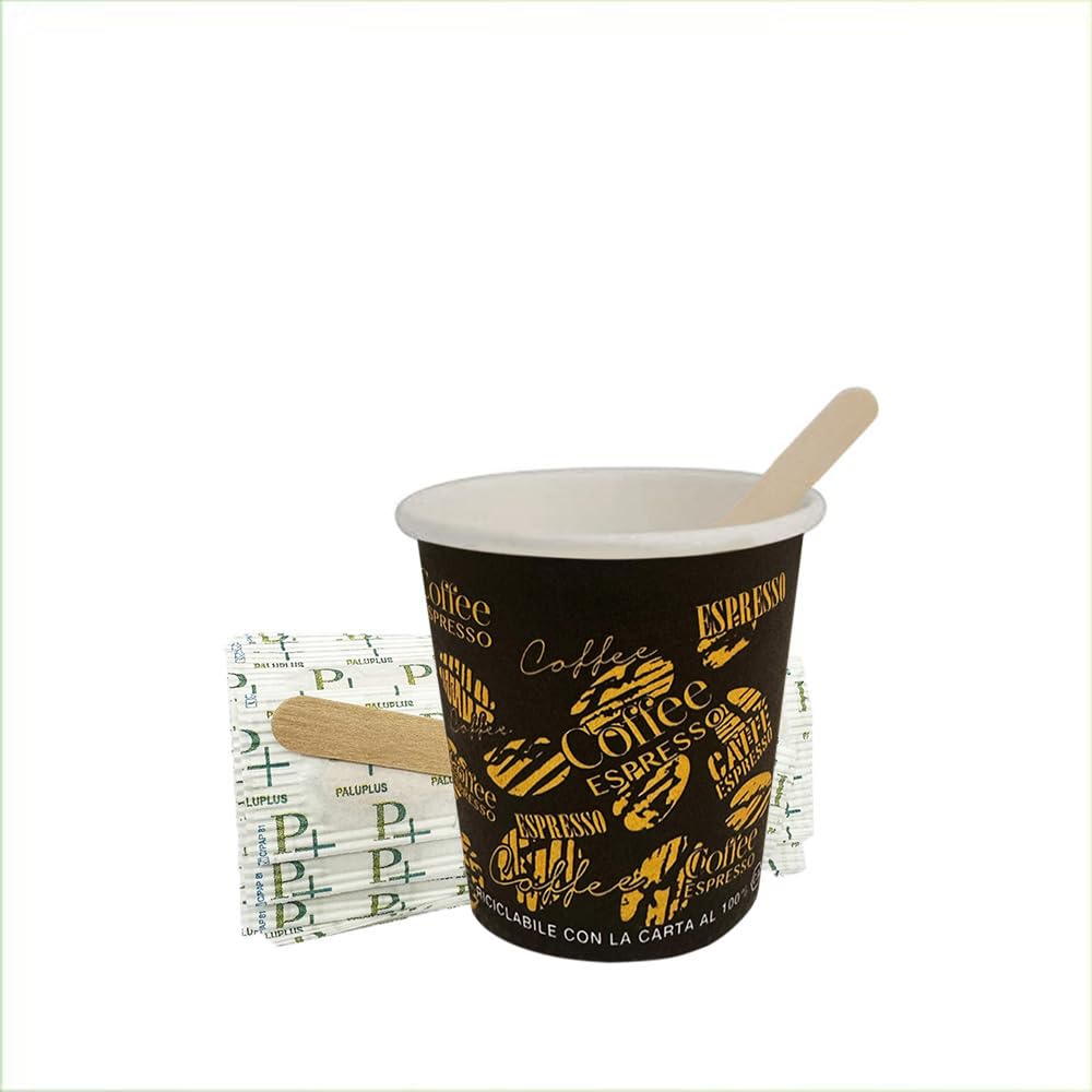 PALUPLUS 1600 Bicchieri in Carta per Caffè da 90ml NERO Grafica Chicco Caffè (3 oz) Bicchierini in cartoncino biodegradabile per Cappuccino caffè + 1600 Palette in Legno di Betulla -F5,6