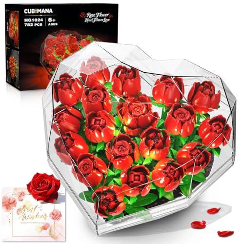 CUBIMANA Ensemble Construction Fleurs Roses avec boîte en Forme cœur et lumière, 19 Blocs Construction Fleurs avec Carte, kit Plantes décoratives Cadeau Saint-Valentin d'anniversaire pour épouse mère