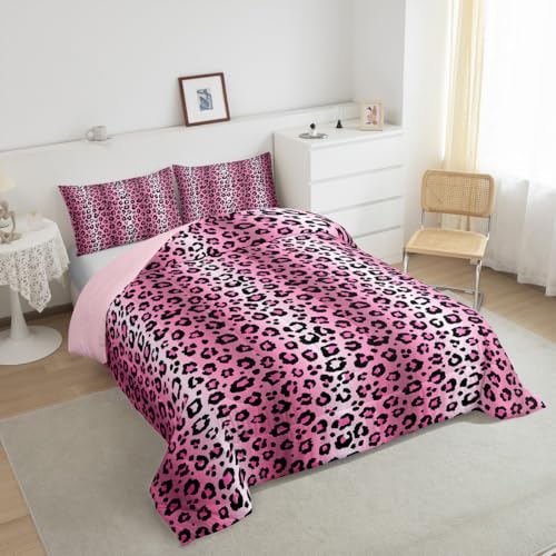 Image of Feelyou Hot Pink Leopard Comforter Set Queen, Cheetah Fur Print Bedding Set Teens Leopard Stripes Comforter Toddler Wildlife Duvet Set with 2 Pillow Case
