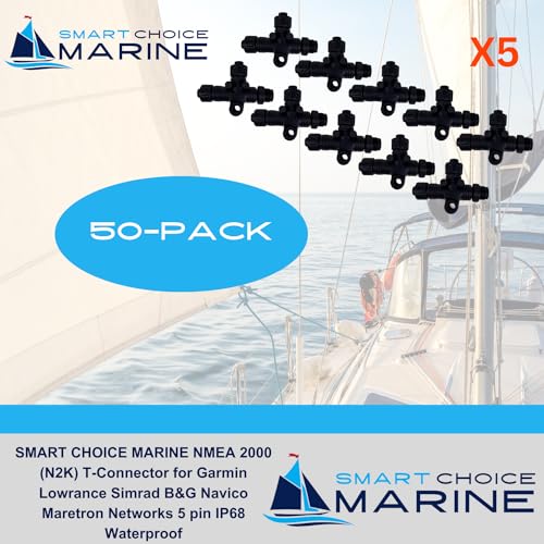 Smart Choice Marine NMEA 2000 (N2K) T-Connector for Garmin Lowrance Simrad B&G Navico Maretron Networks 5 pin IP68 Waterproof (50-Pack)
