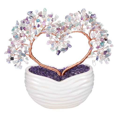 GEHECRST Fluorite Crystal Heart Tree Handmade Healing Crystal Gemstone Money Tree Stone Bonsai Tree Energy Feng Shui Ornament Crystal Gifts for Mom Mothers Day Women Home Office Desk Decor Christmas