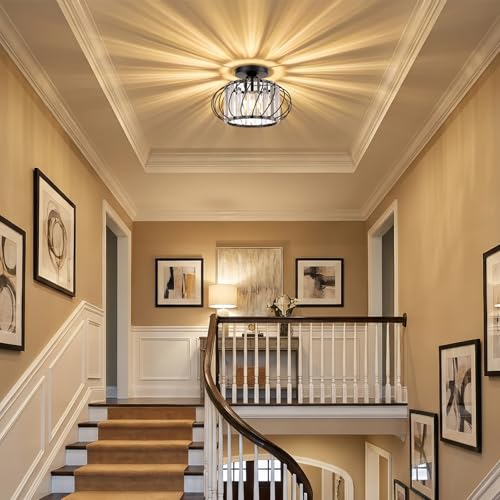 Image of Black Crystal Ceiling Light Fixture - Small Crystal Chandelier Semi Flush Mount Ceiling Light Modern Hallway Lights fixtures for Entryway Bedroom Porch Kitchen (11 Inch, Bulb not Included)