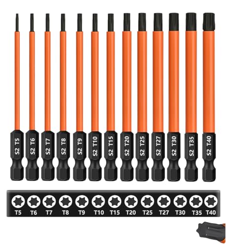 Saipor 13-Piece 4 inch /100 mm Long Torx Bit Set for Impact Driver, S2 Steel Star Bit Set (T5-T40), 1/4'' Hex-Shank Magnetic Torx Screwdriver Bit, Torx Head Drill Bit Set with CNC Machined Tips