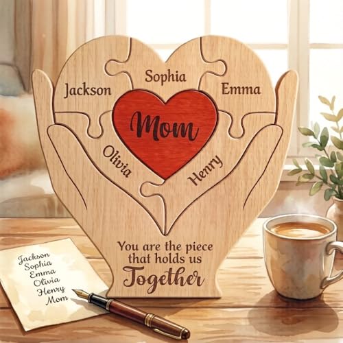 Personalized Wooden Heart Puzzle for Mom Grandma Custom Family Name Puzzle with 2-10 Names Mothers Day Birthday Gift for Grandma Daughter Mom Love Never Fades Keepsake Personalized Home Decor