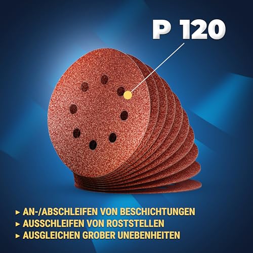 S&R Klett Schleifpapier Set 125 mm, Meister, 8 Löcher, 100 St. in Körnung P120, Schleifblätter, Schleifscheiben für Exzenterschleifer, Klettschleifpapier, zuverlässige Haftung am Schleifteller