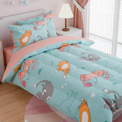Image of SANDJEST Cat Comforter Set Twin for Girls, Ultra Soft Microfiber Bedding Sets with 3-Pieces, Cats Comforters Bed Sets for Kids Children Girl Bedroom Decor